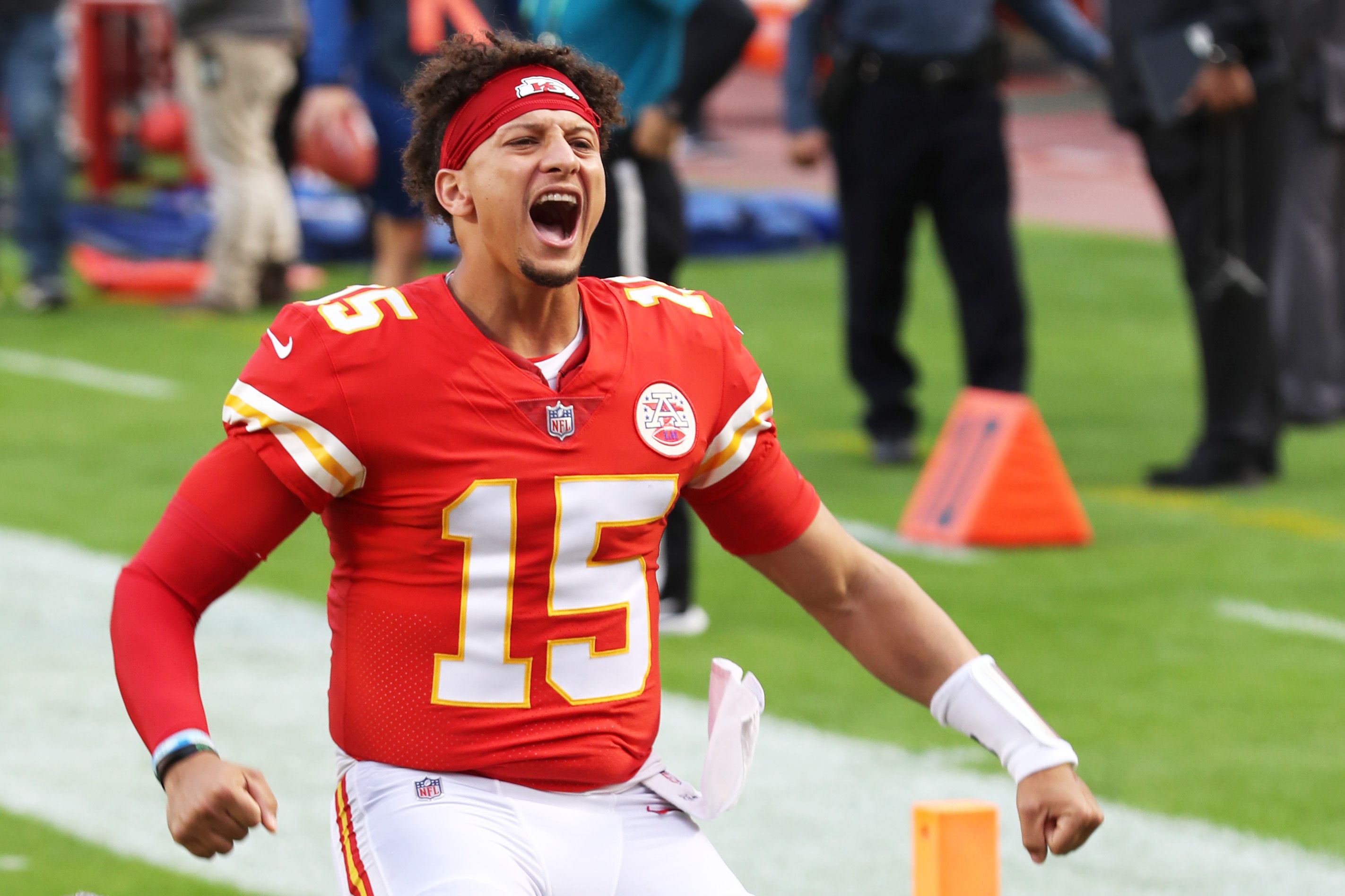 Patrick Mahomes celebrates in an NFL game.