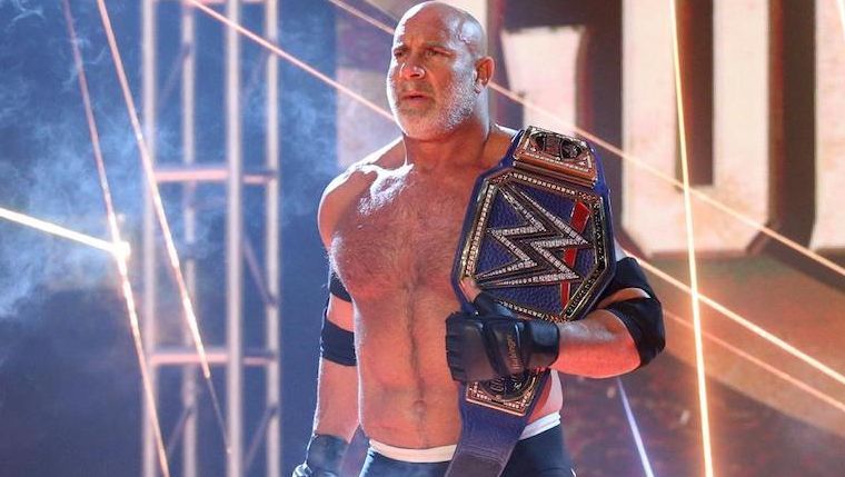 Bill Goldberg walks to the ring with the WWE Universal Championship at WrestleMania 36.