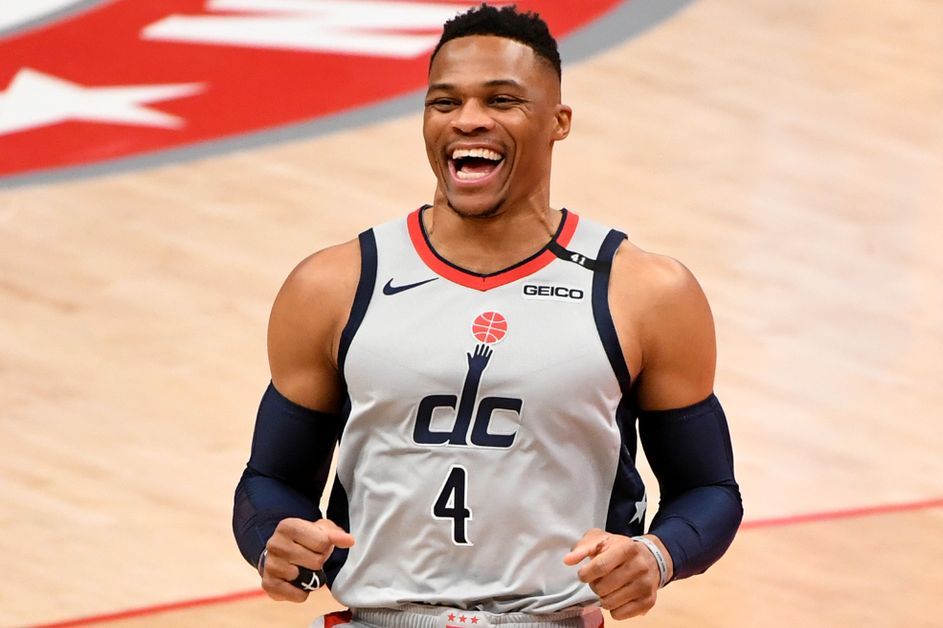 Russell Westbrook laughs after receiving a favorable call