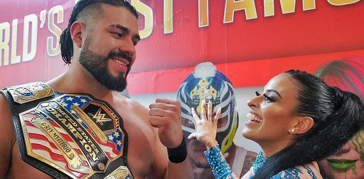 Andrade and Zelina Vega celebrate after he wins the United States Championship.