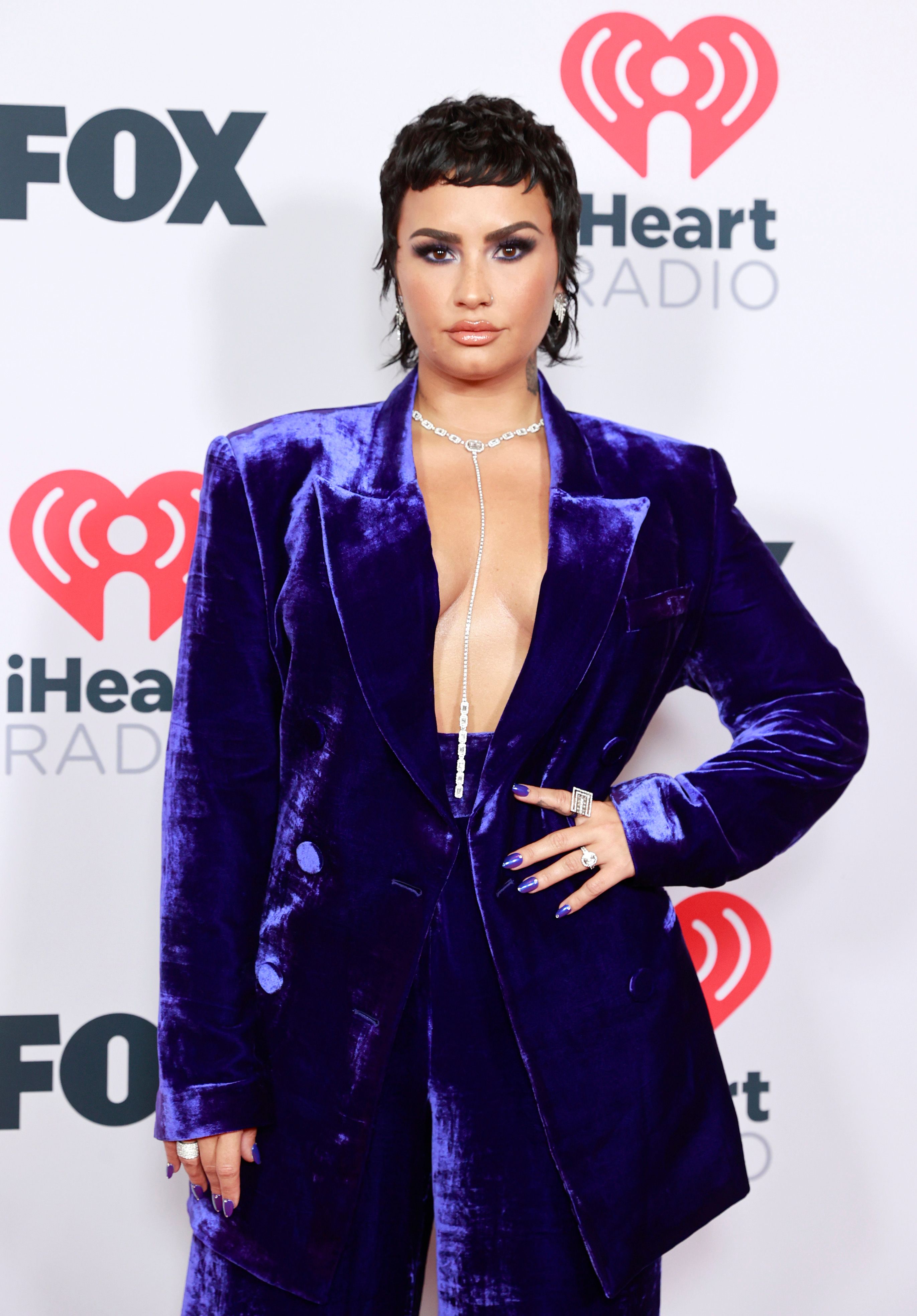 Demi Lovato in crushed velvet jacket