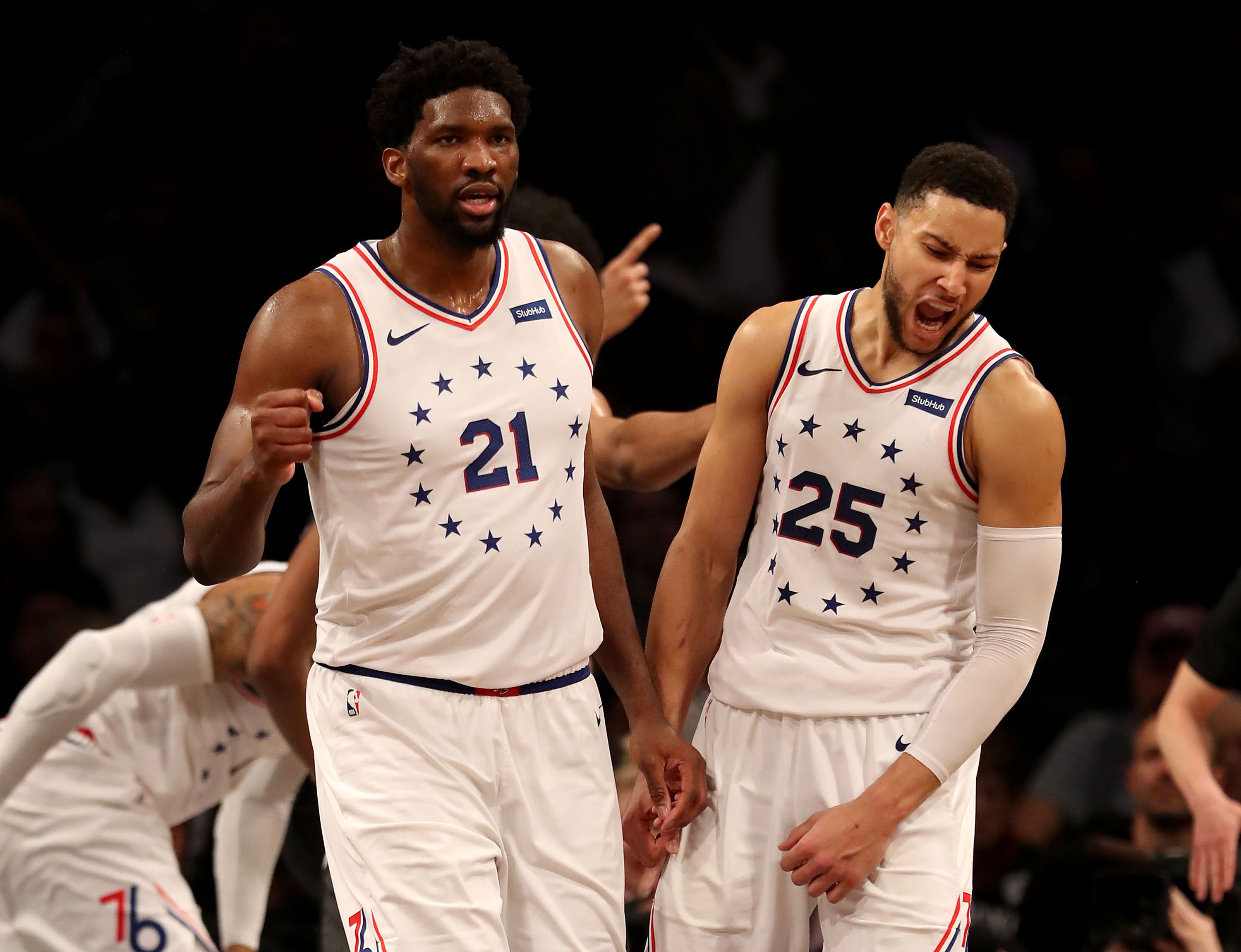 Joel Embiid and Ben Simmons celebrate Sixers' win