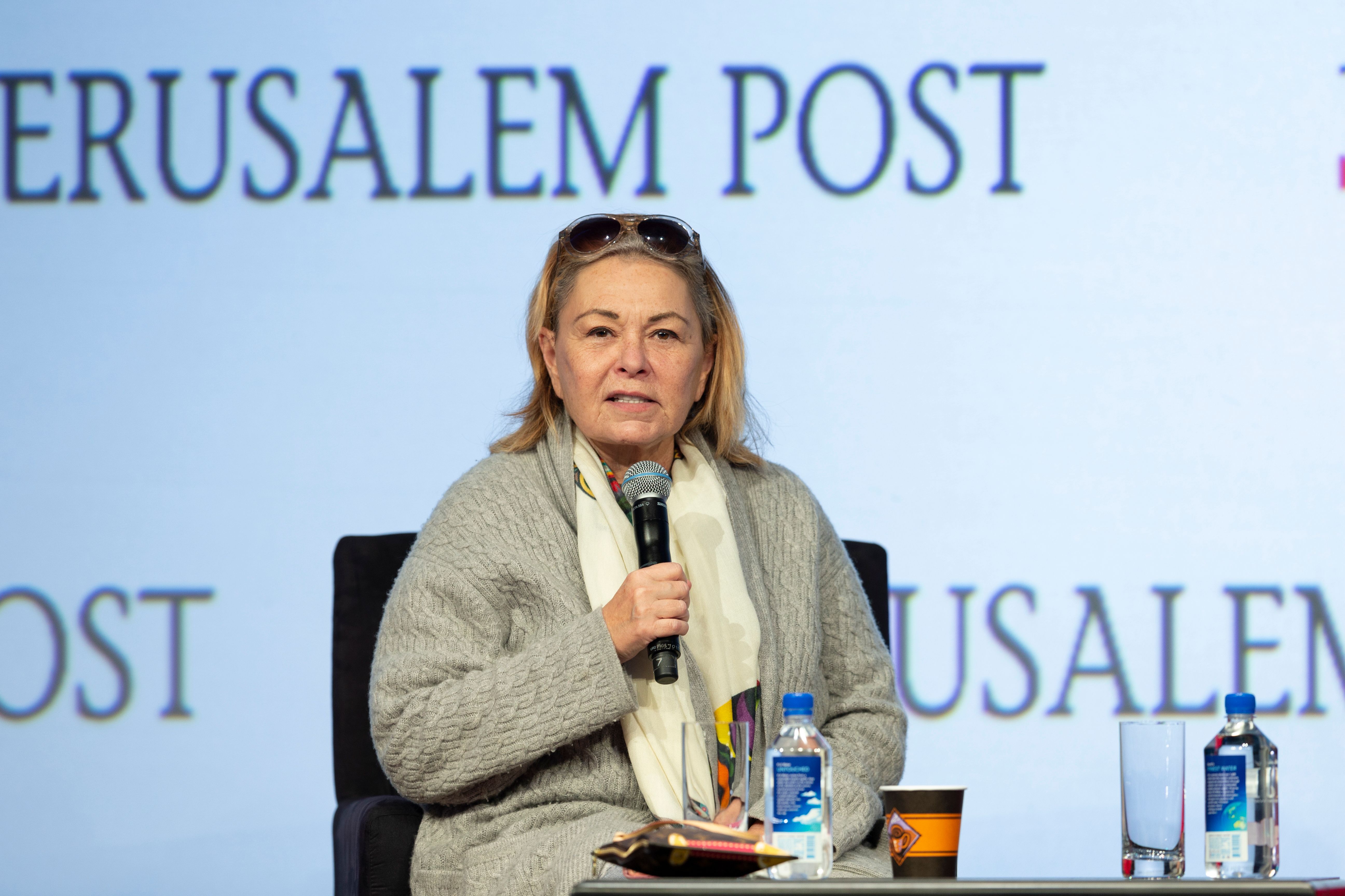 Roseanne Barr wears a gray sweater and holds a microphone.