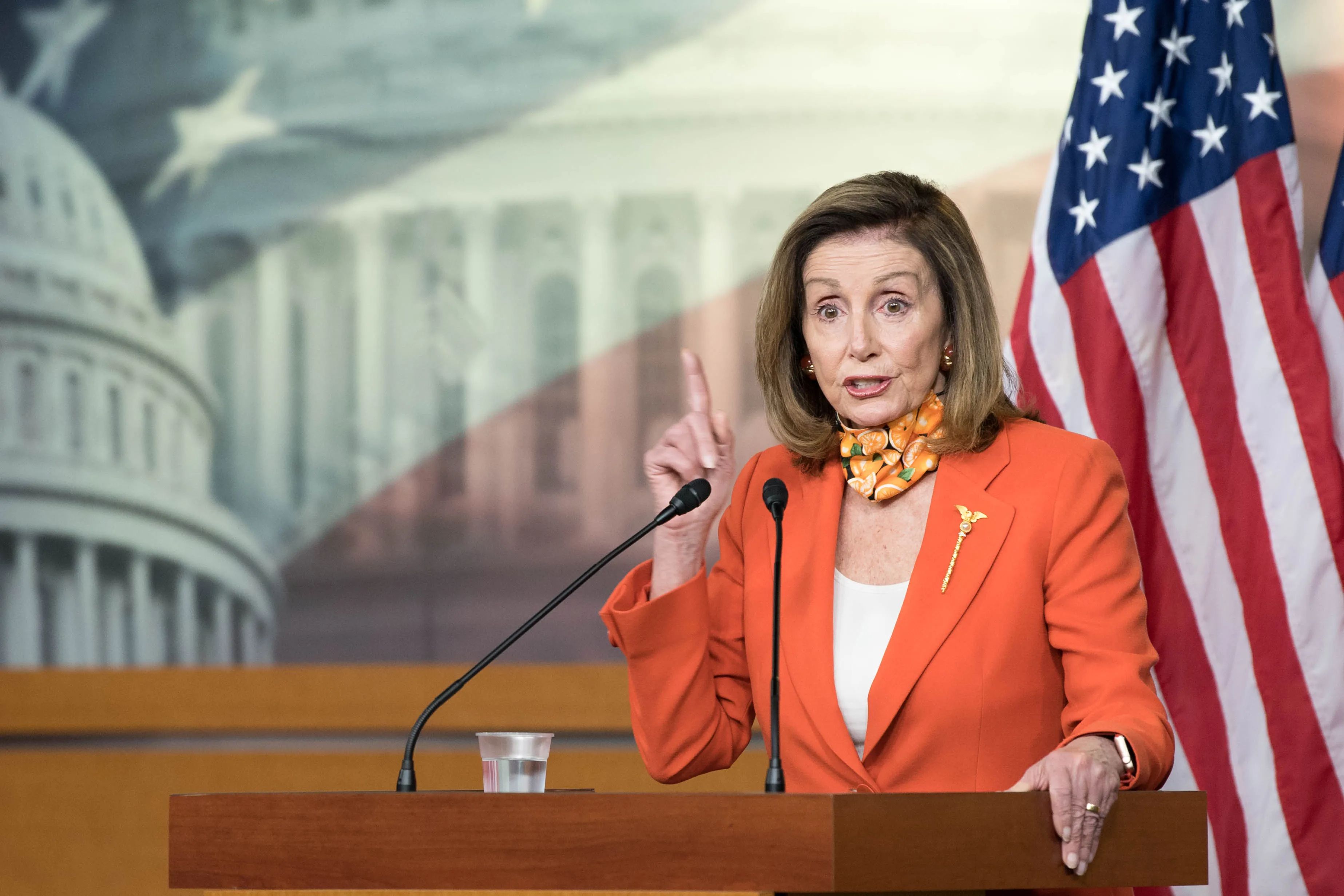 Speaker of the House of Representatives Nancy Pelosi speaks at a press conference.