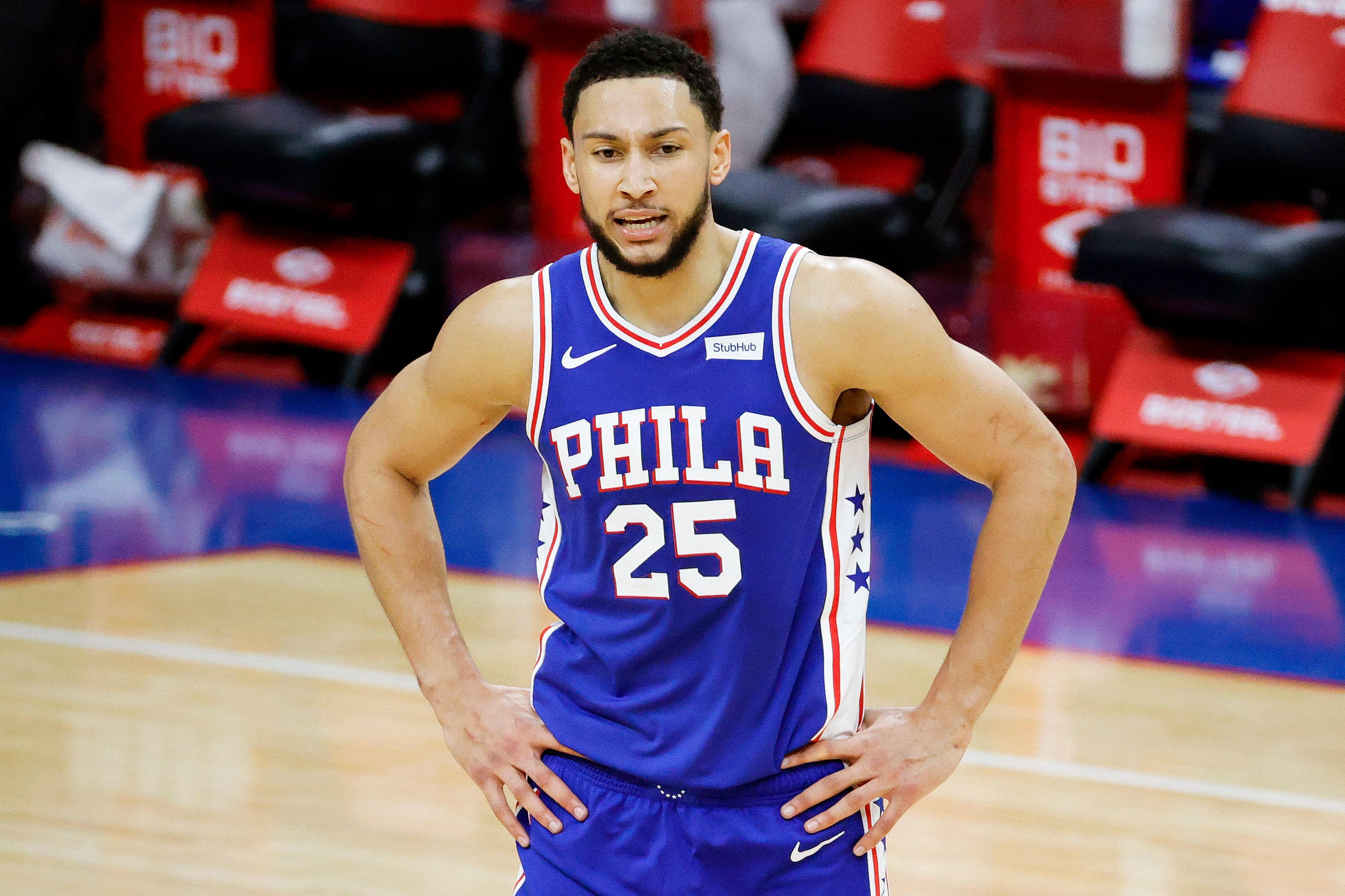 Ben Simmons reacts to ref's call