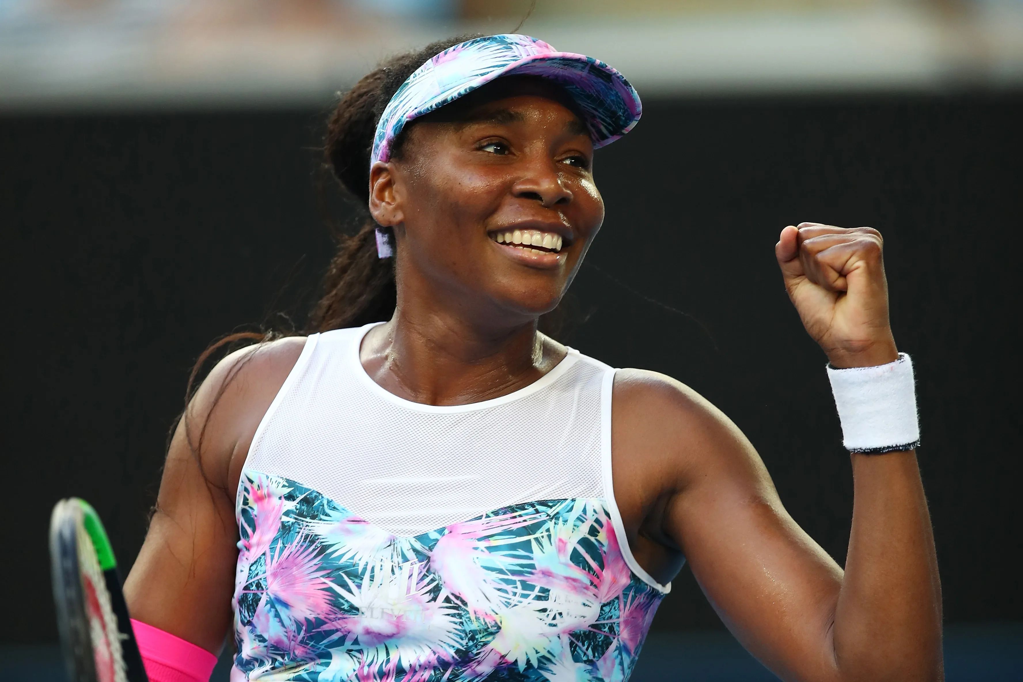 Venus Williams celebrates after winning match point in her first round match against Mihaela Buzarnescu during day two of the 2019 Australian Open at Melbourne Park.