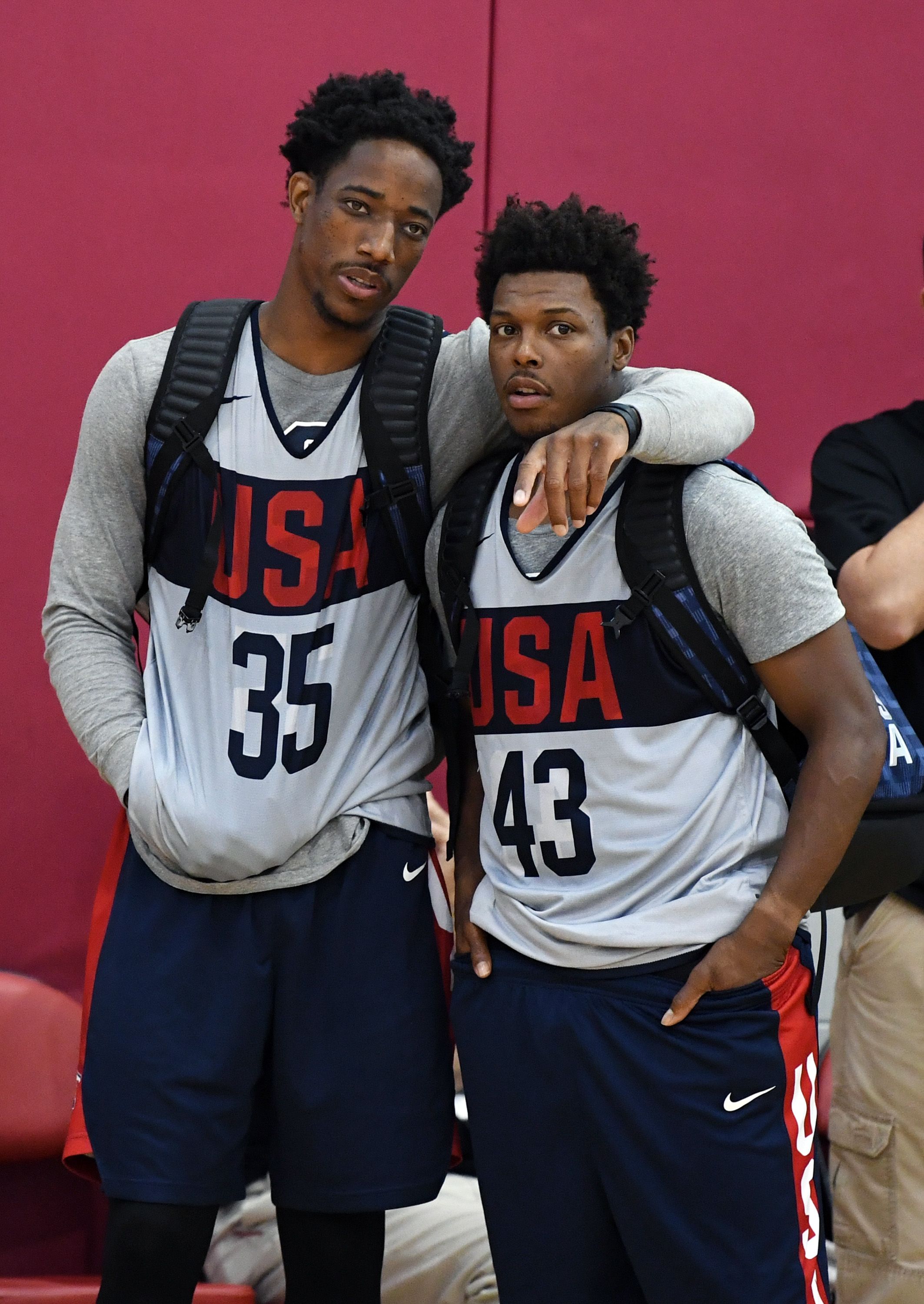 DeMar DeRozan and Kyle Lowry talking to each other during Team USA practice