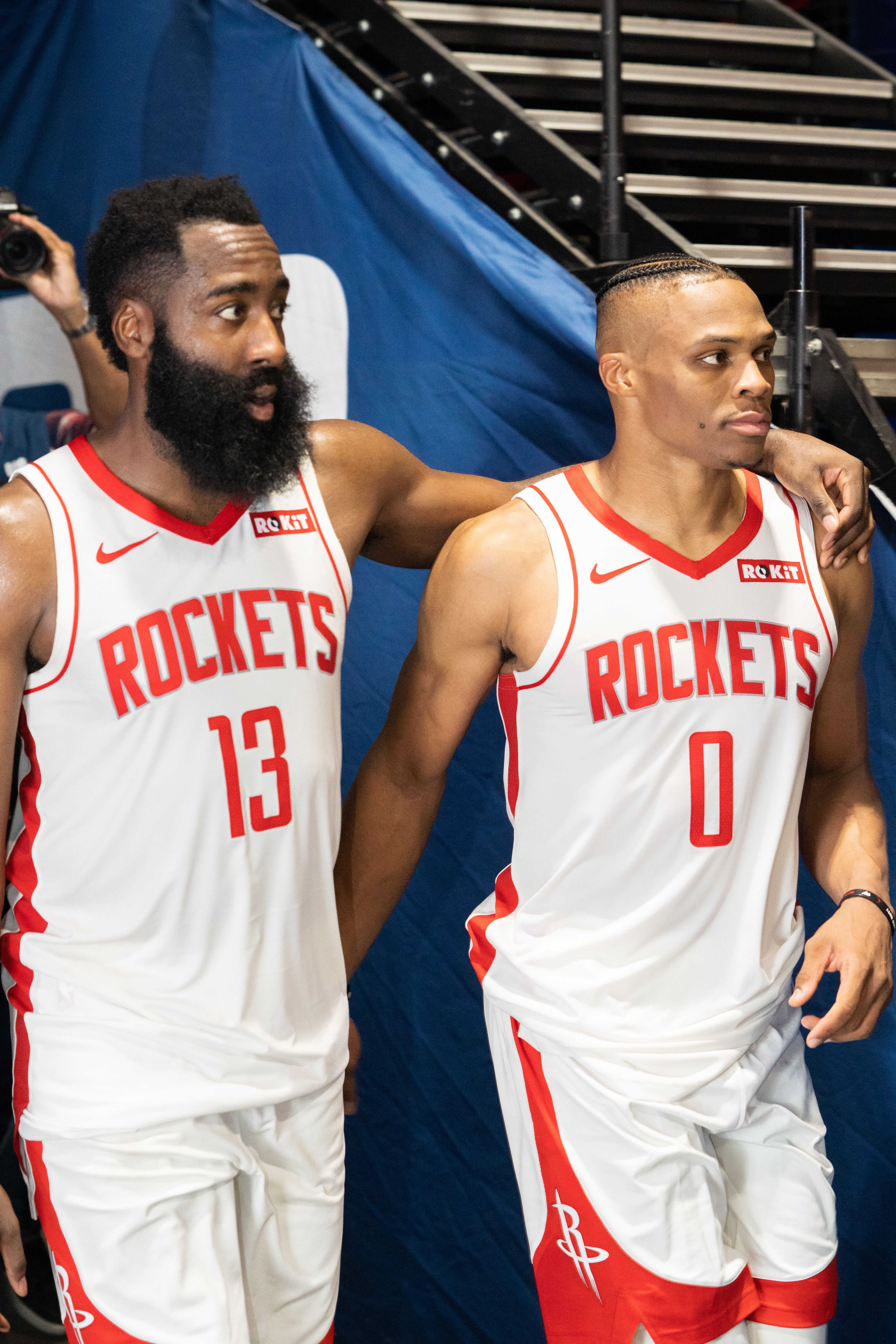 Russell Westbrook and James Harden walking into the arena.