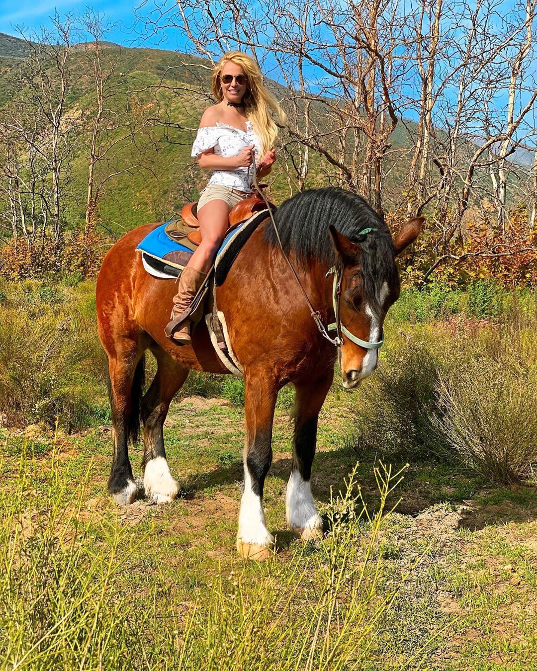 Britney Spears poses on horseback