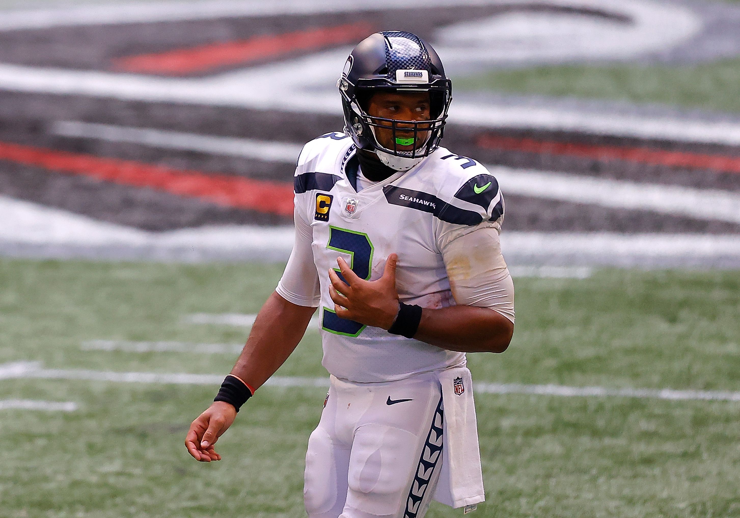Russell Wilson seen during an NFL game.