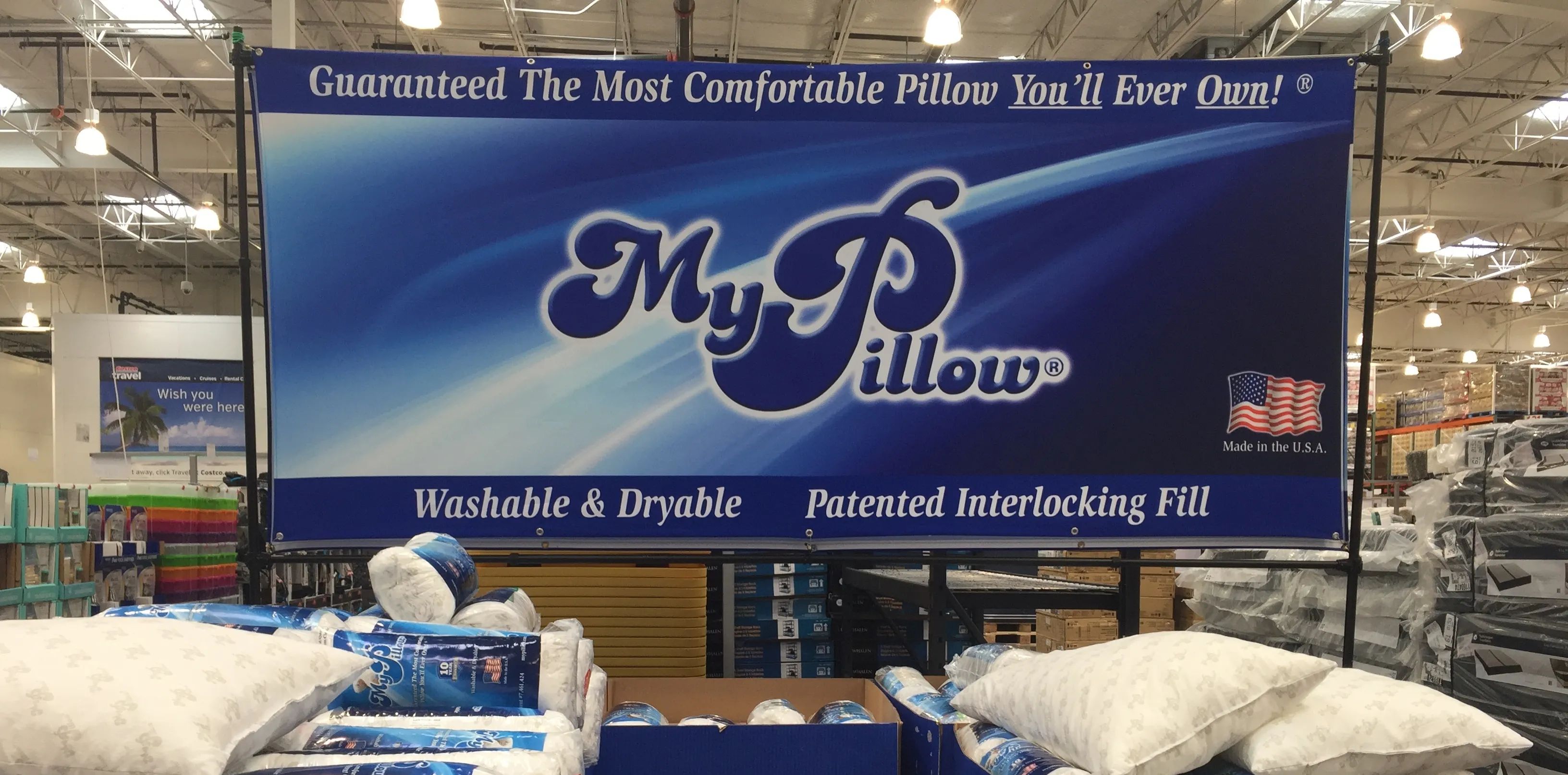 MyPillow products are seen in a store.