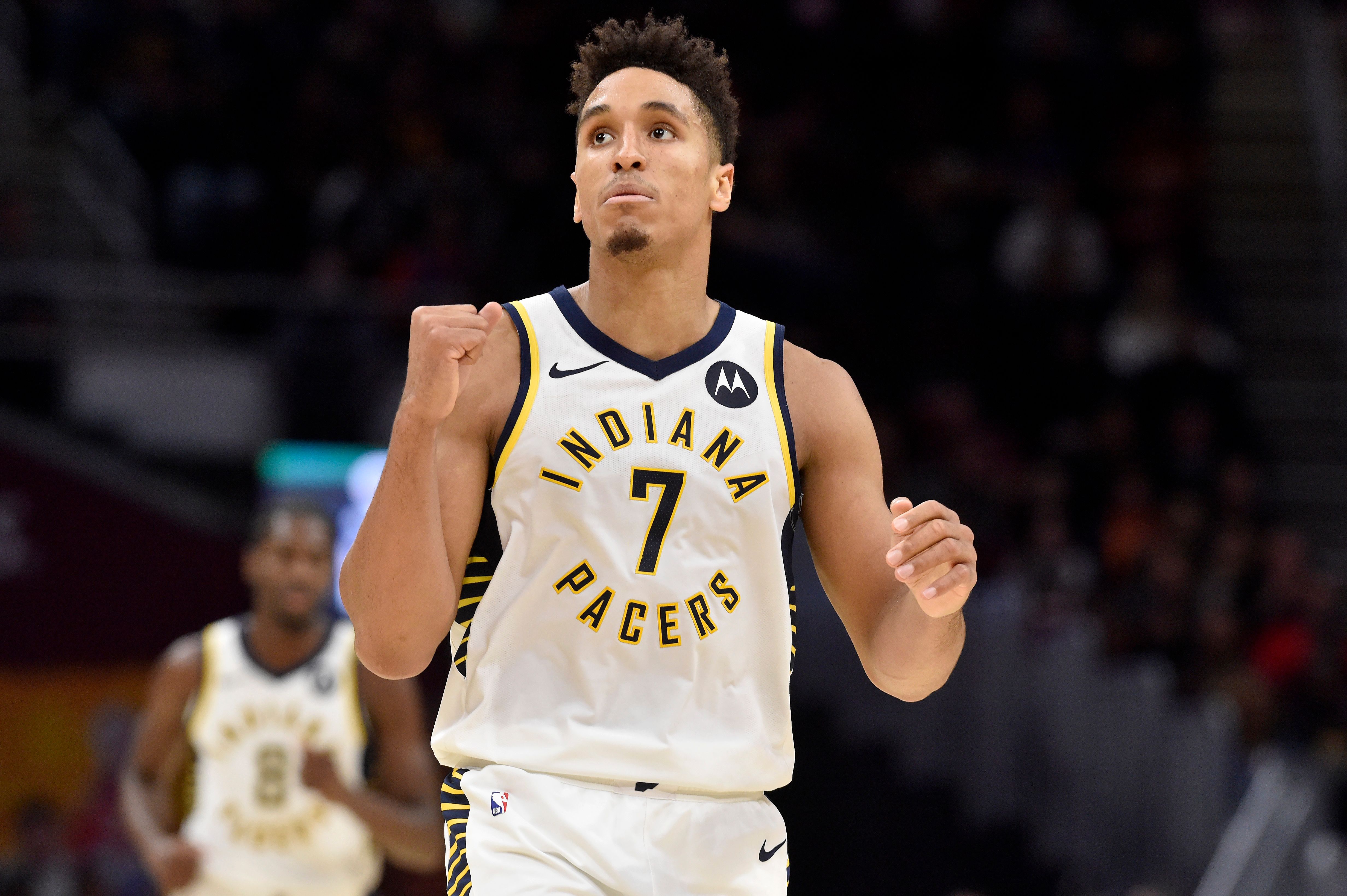 Malcolm Brogdon reacts to a successful shot