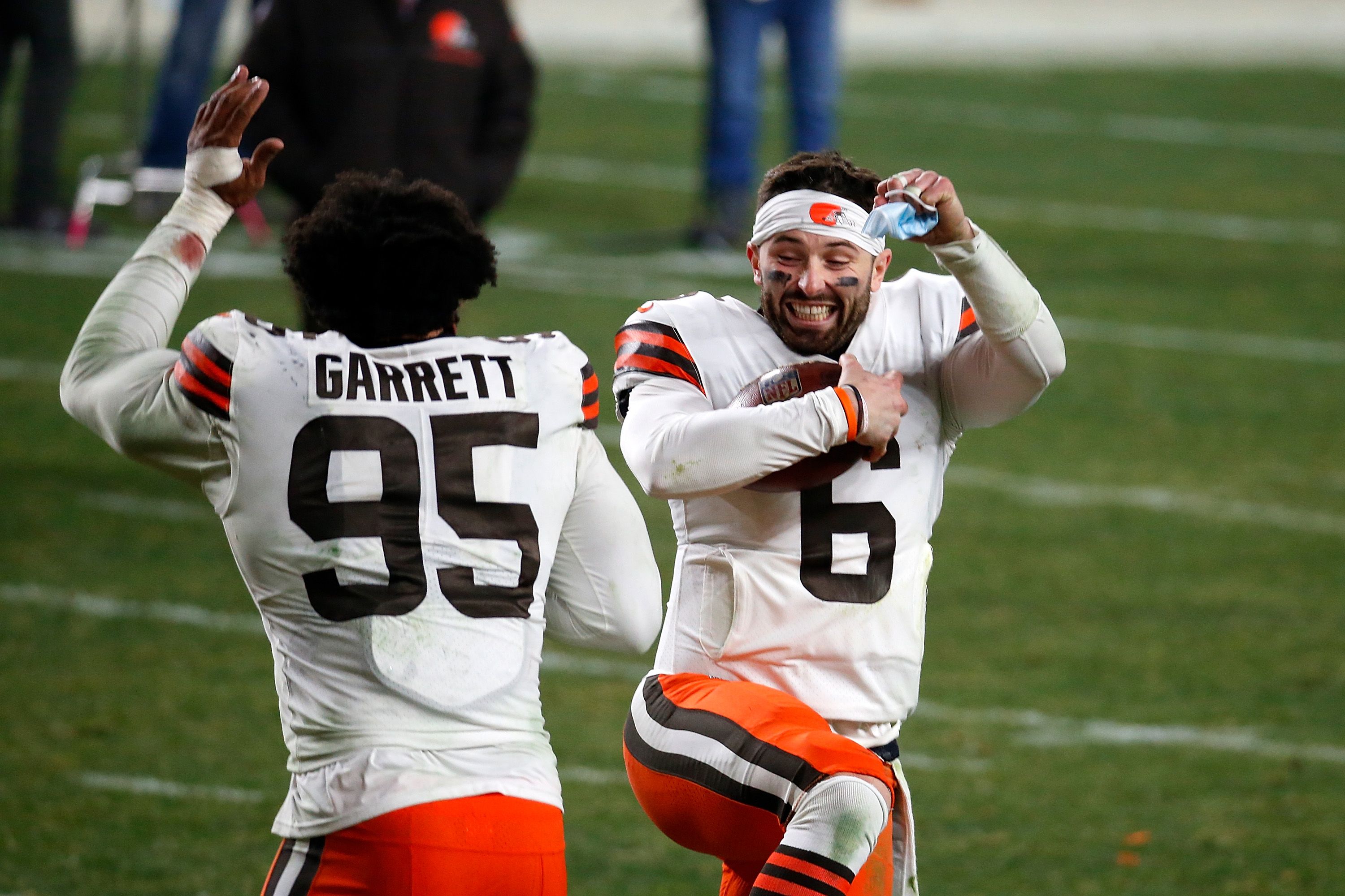 Baker Mayfield celebrates during a game.