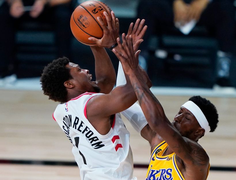 Kyle Lowry of the Toronto Raptors attacking Lakers' defense