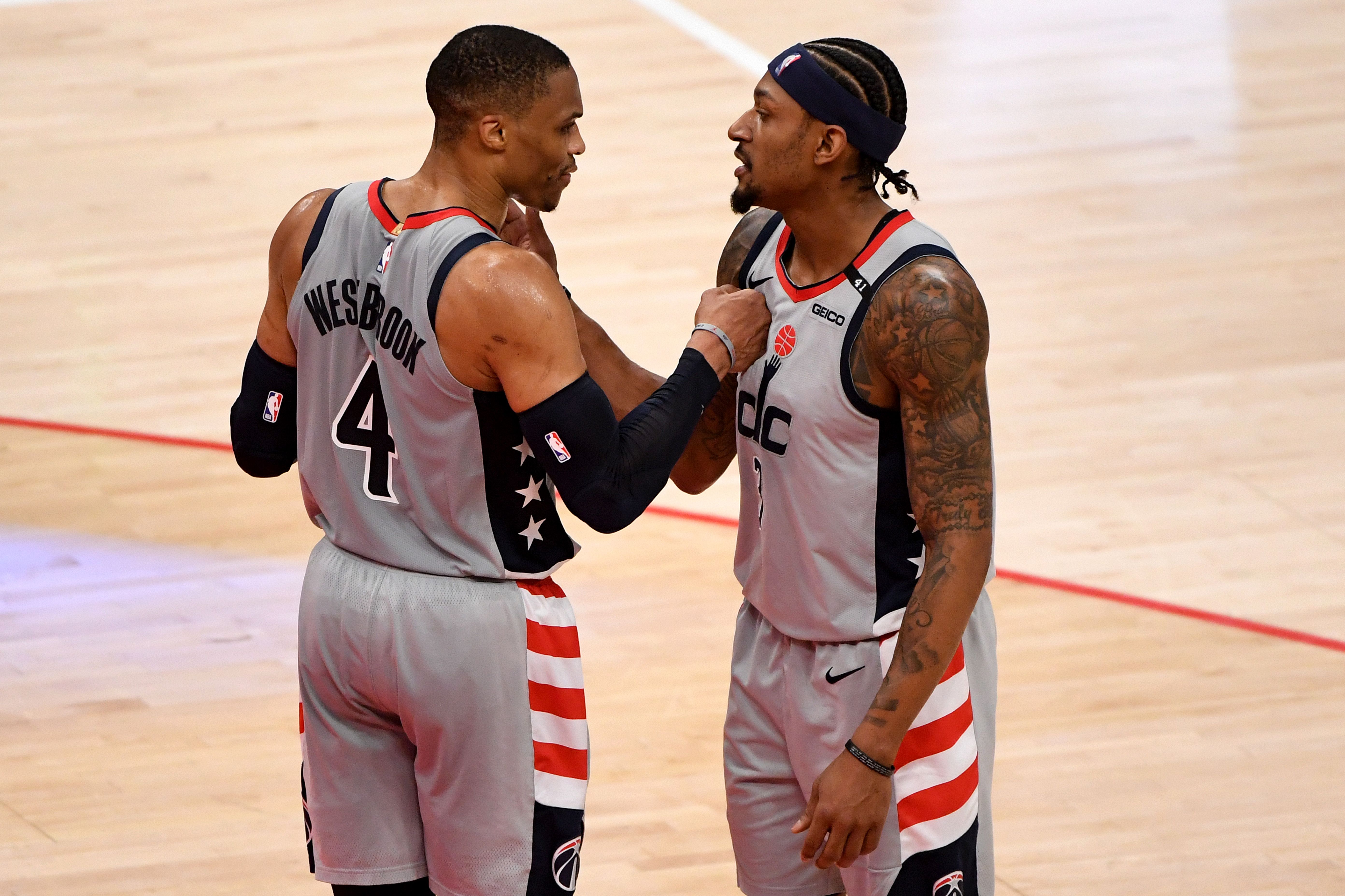 Russell Westbrook and Bradley Beal praising each other after the game