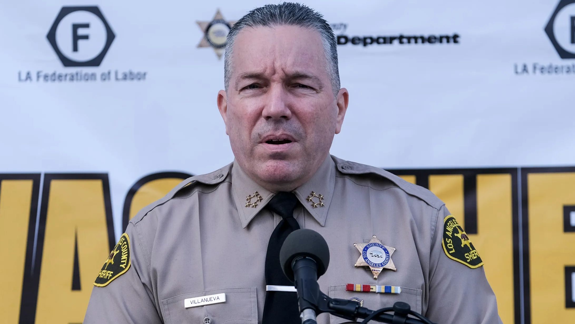 Los Angeles County Sheriff Alex Villanueva at a press conference.