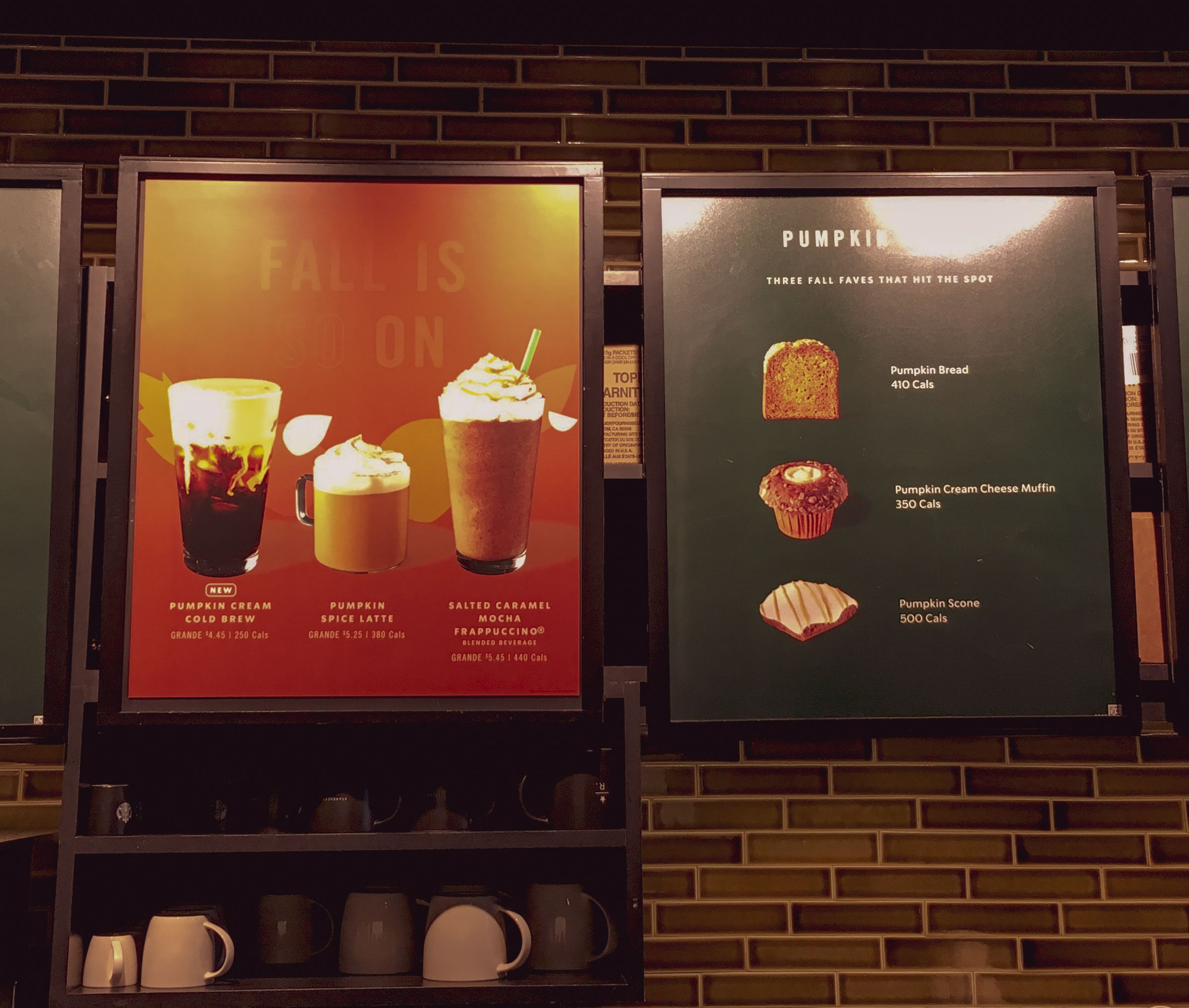 Pumpkin spice latte and other specialties on a Starbucks menu.  