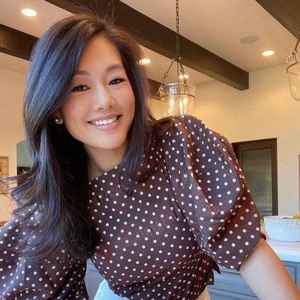 Crystal Kung-Minkoff wears a brown and white polka-dot shirt.