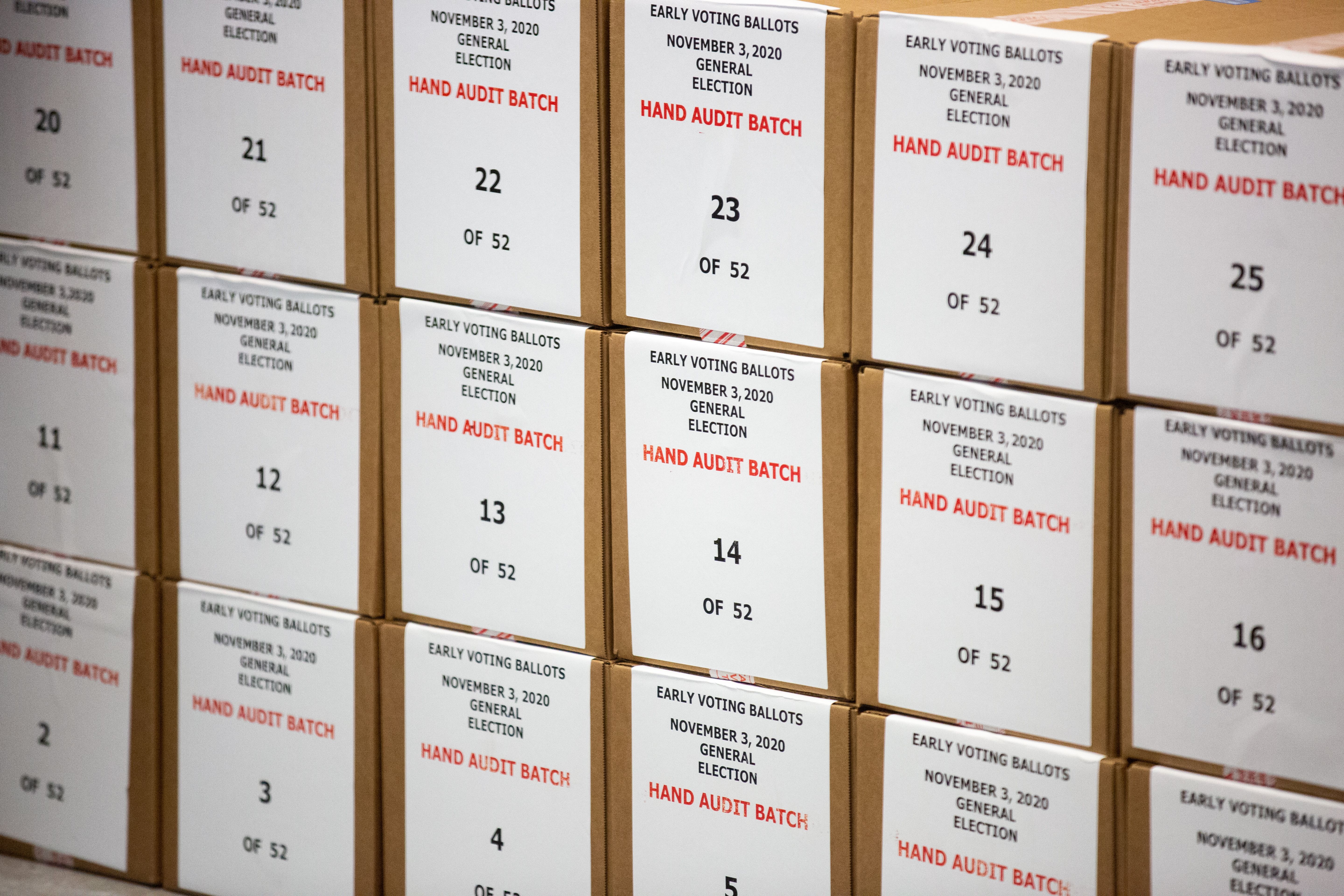 Boxes contain ballots from an audit in Arizona.