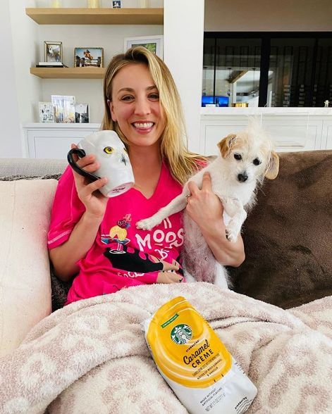 Kaley Cuoco with dog and coffee