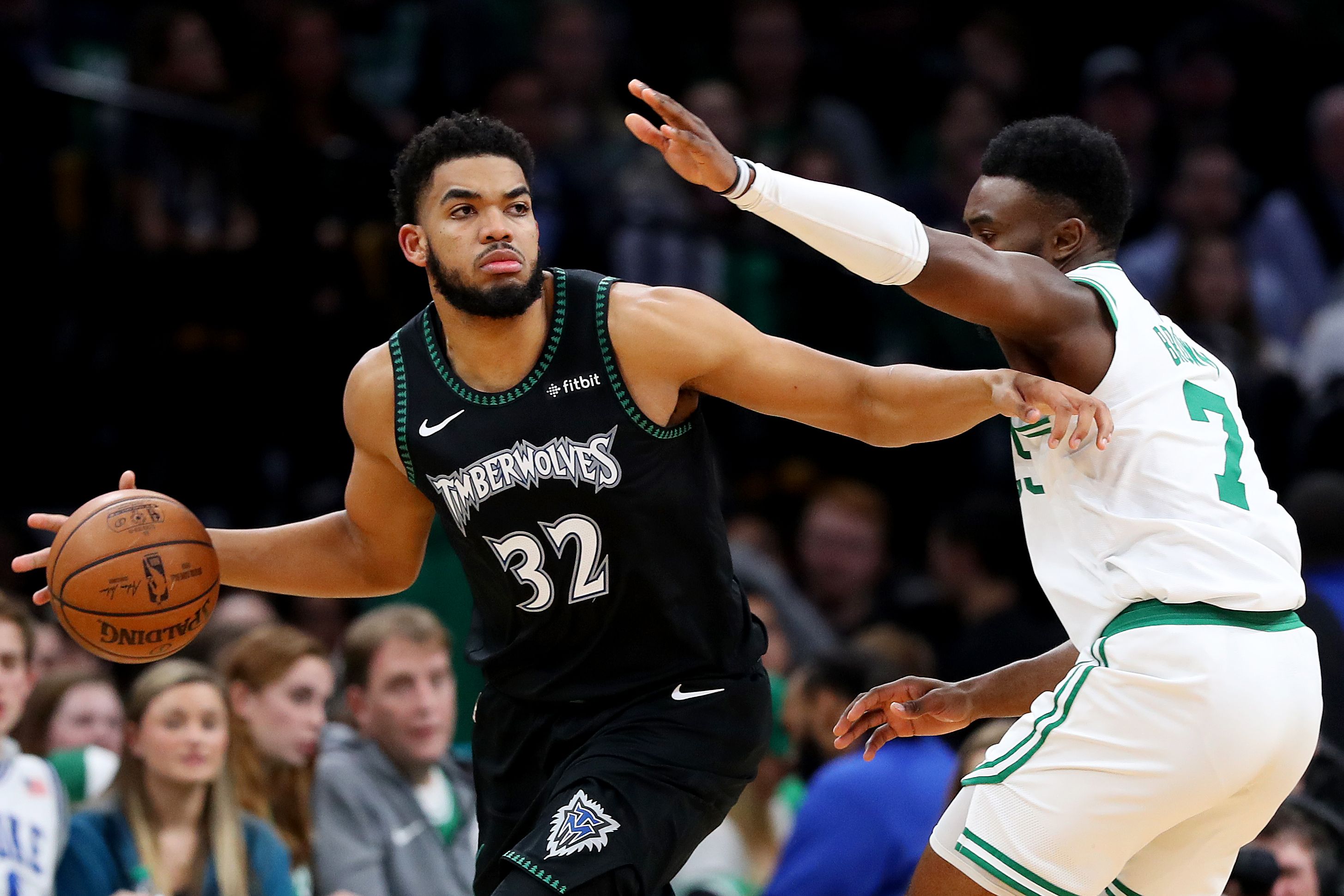 Karl-Anthony Towns going up against Jaylen Brown