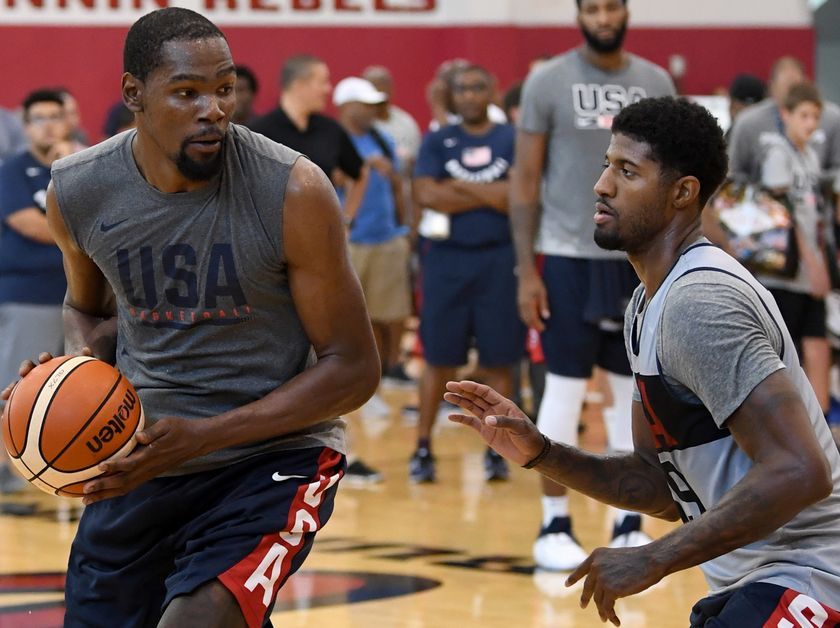 Paul George guarding Kevin Durant during practice