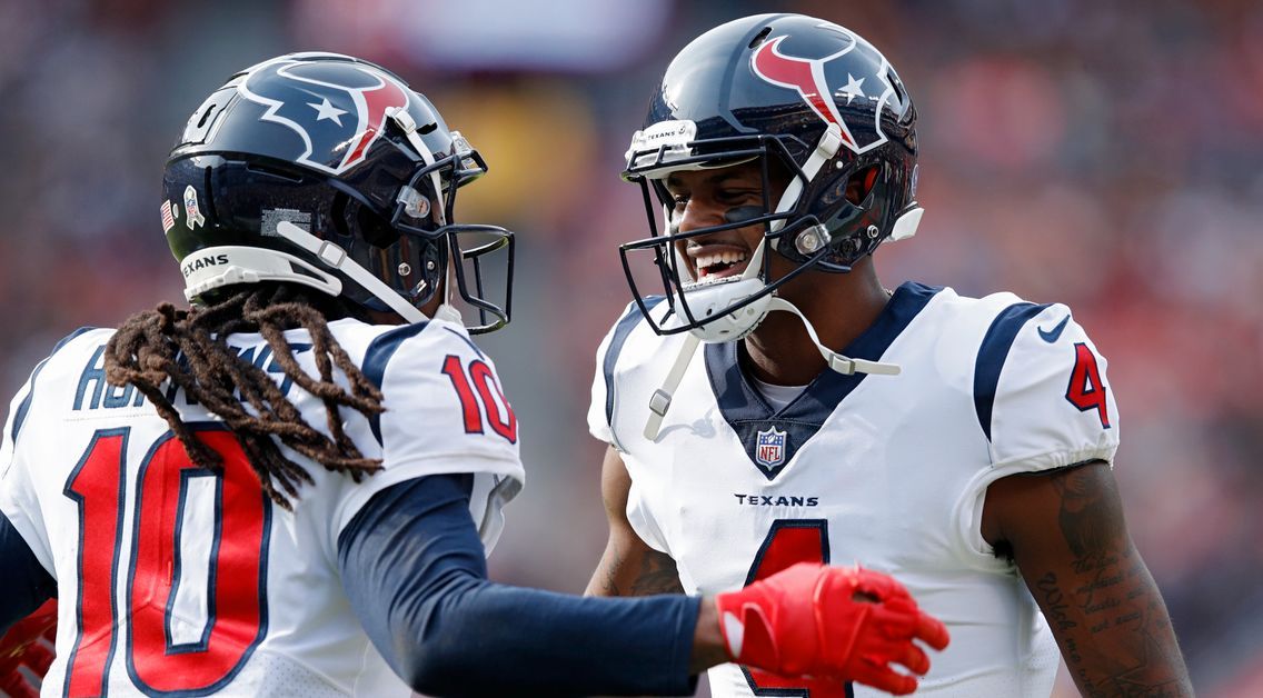 DeAndre Hopkins and Deshaun Watson of the Houston Texans celebrate after a play.