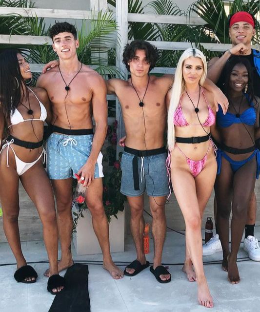 The cast of 'Too Hot to Handle' wears swimsuits and poses with their arms around each other.