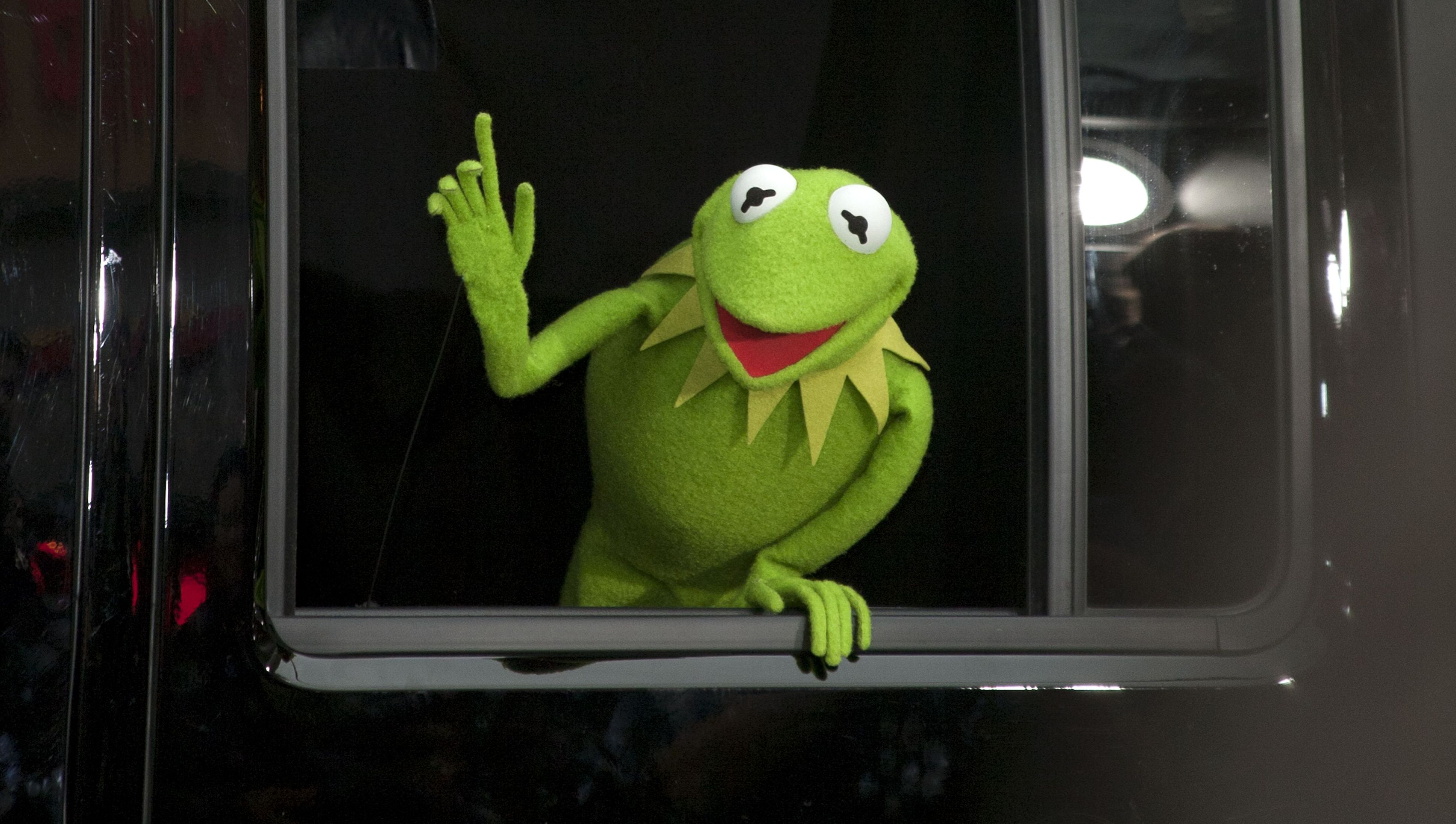 Kermit the Frog looks out vehicle window. 