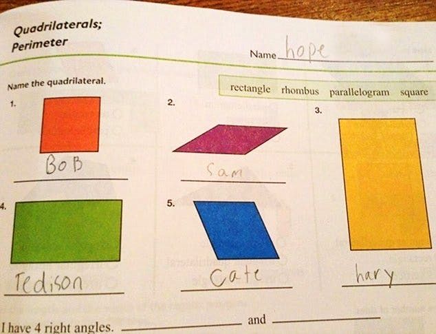 One photo shows student naming shapes with people names instead of names of the shape