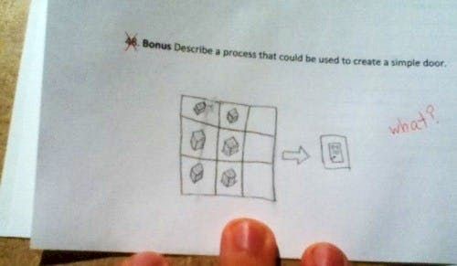 One photo of a student's minecraft answer to a test to keep it simple