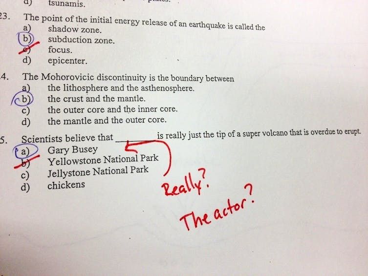 One photo of multiple choice question with Gary Busey circled as the answer to keep it simple