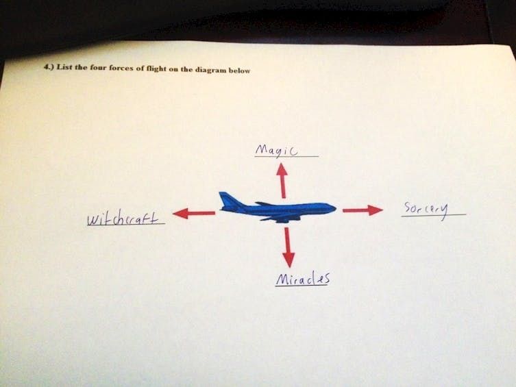 One photo of airplane diagram with magic, witchcraft, sorcery, and miracles written as the answers to keep it simple